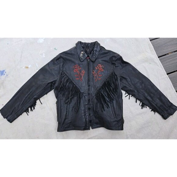 VTG 80s Biker Leather Jacket Fringe Rose Inlay CONCH Braid Biker Rosalia Large - Picture 1 of 10
